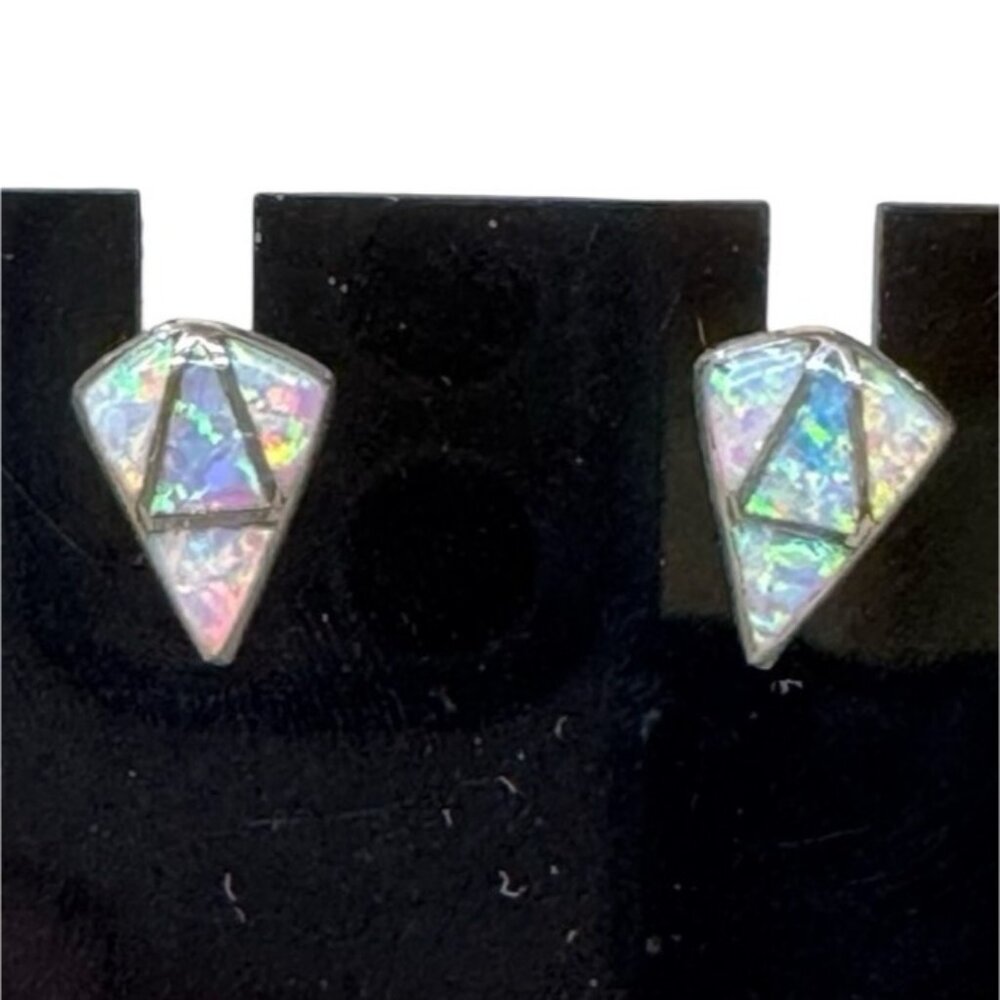Vintage Geometric Opal Mosaic Stud Earrings Sterling Silver Triangle Pierced